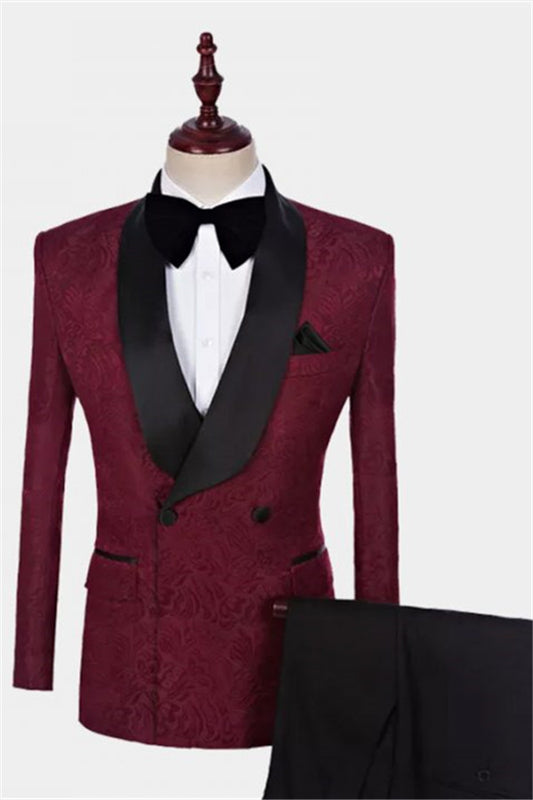 Burgundy Jacquard Double Breasted Men Suits for Wedding